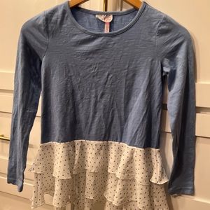 Matilda Jane NWOT Size 10 blue long sleeve white ruffle trim blue polka dots.